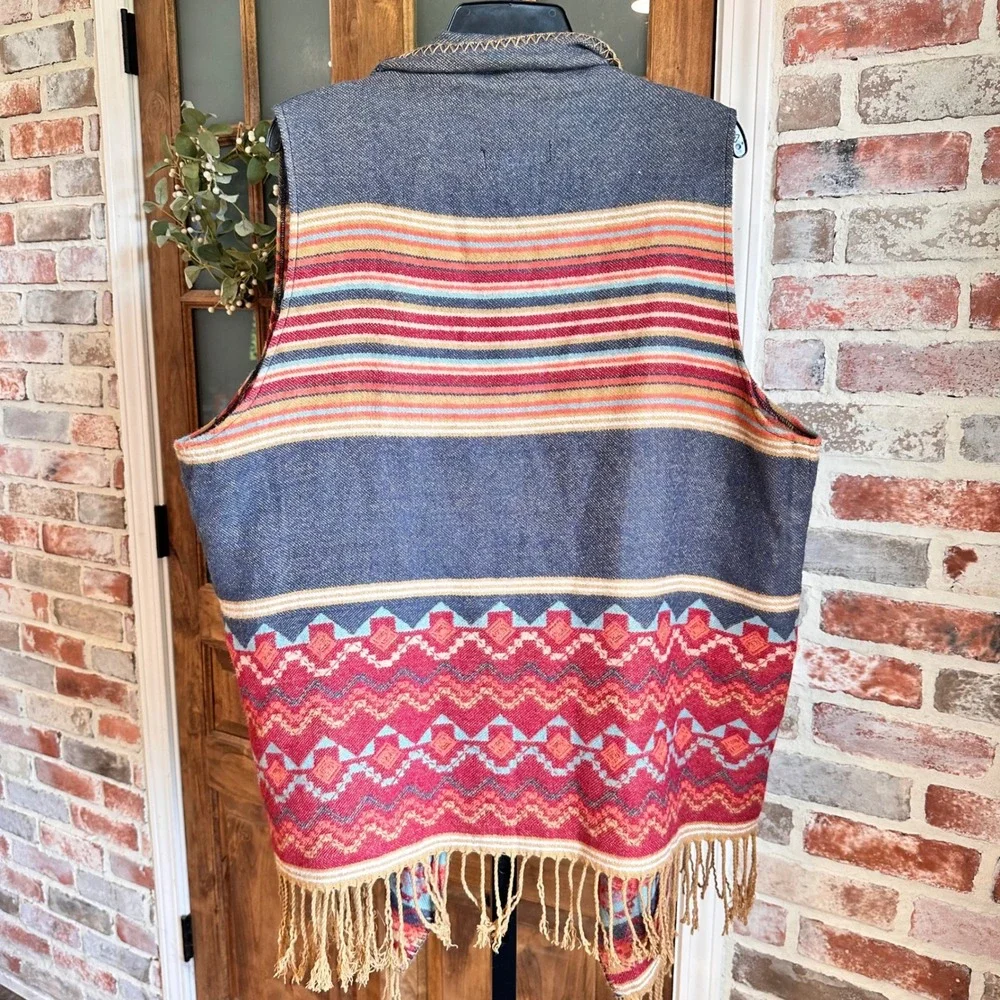 Natural Reflections Open Front Vest Women 2X Blue Southwestern Fringe Aztec Boho